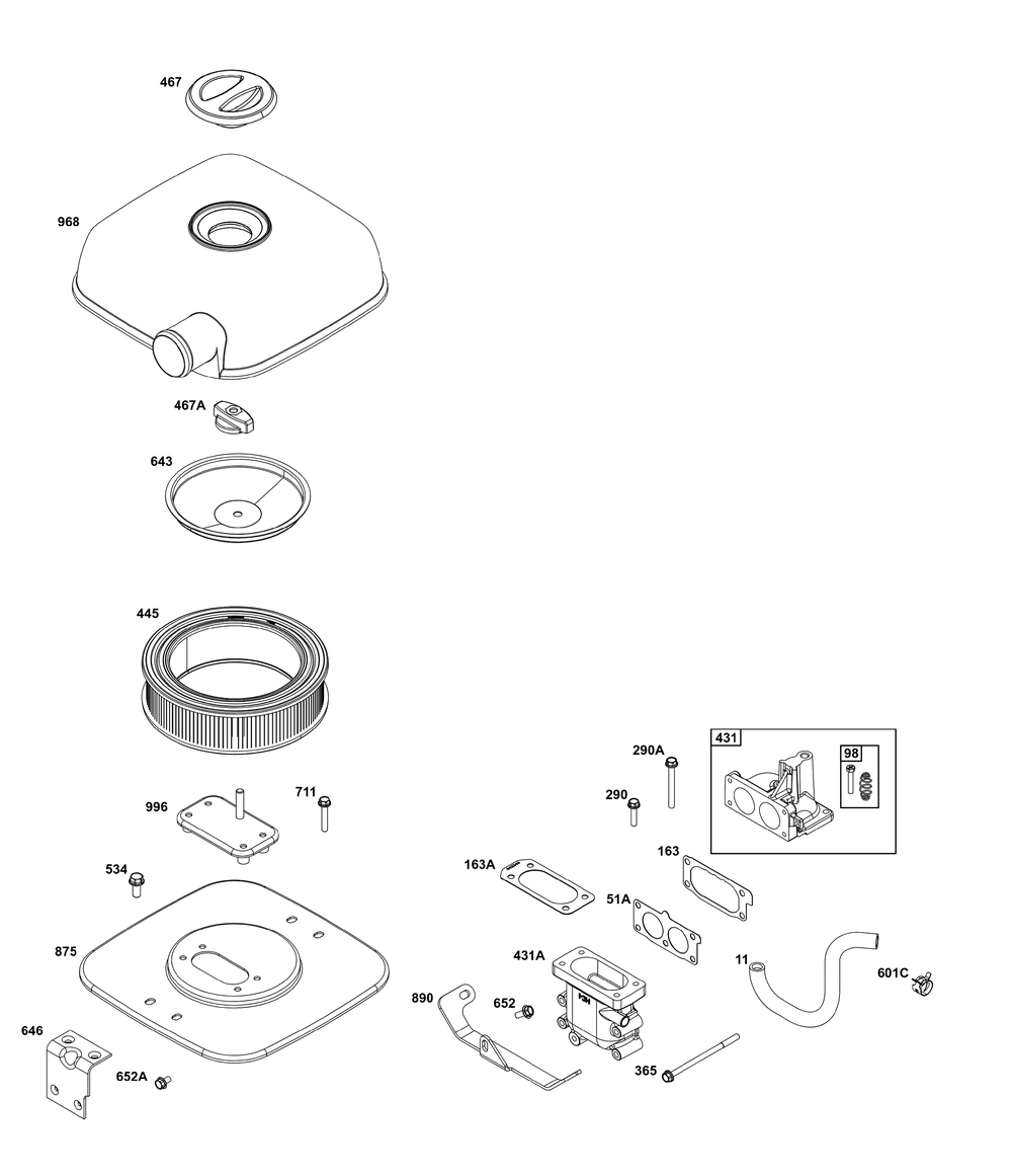 Air Cleaner Group Diagram and Parts List for 540477-2220-G1 400000 - 699999 Briggs and Stratton Engine